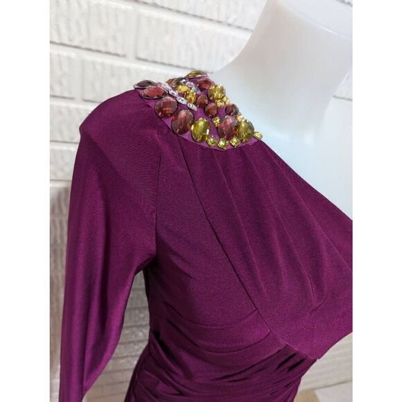 Cache Women's Purple Solid One Beaded Shoulder 80's Bodycon Dress Size 4 - Picture 3 of 10